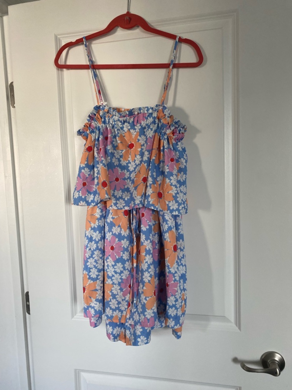 Floral Tiered Romper in Sky Blue and Peach